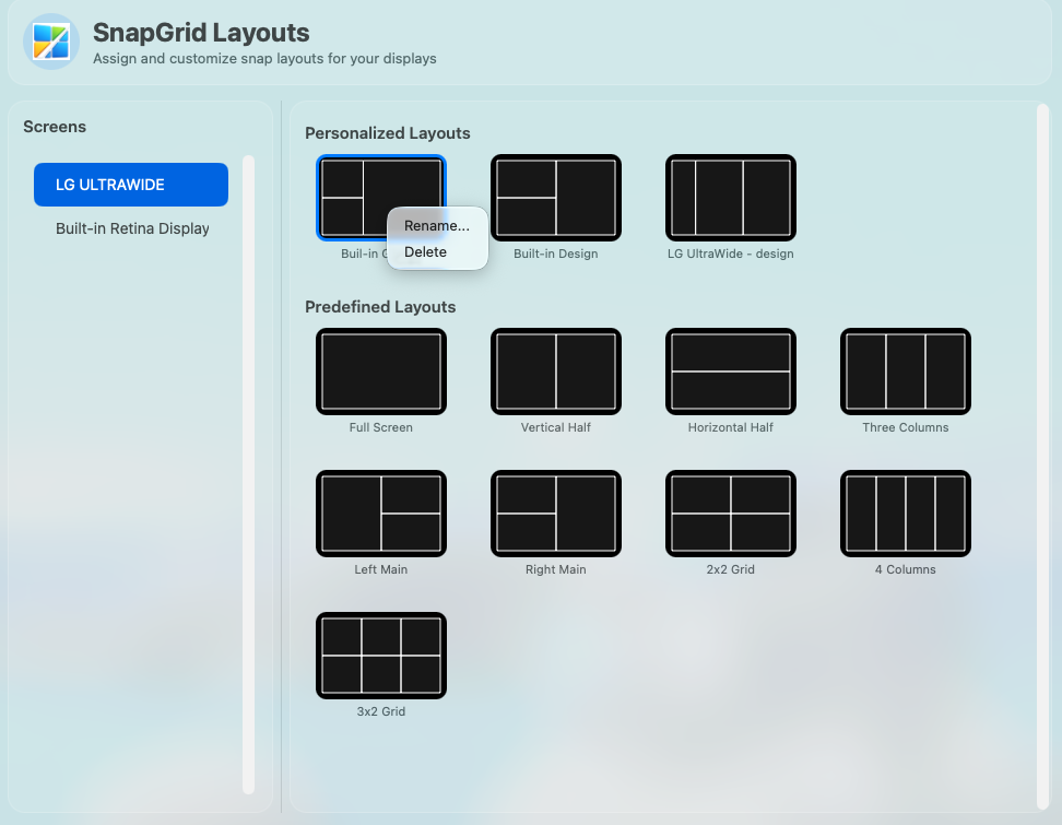 SnapGrid personalized layouts screen