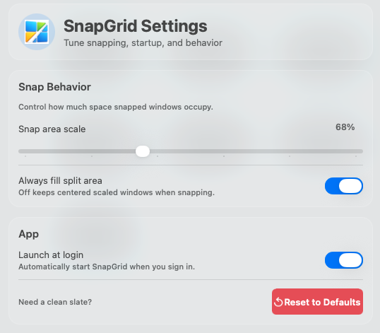 SnapGrid settings screen